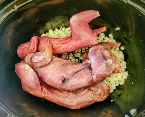 Three dressed squirrels are nestled in a crock pot with onions and celery.