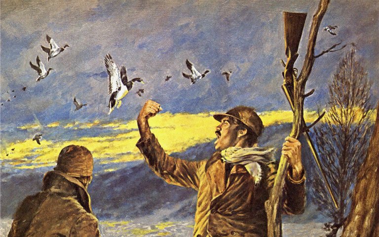 A duck hunter shakes his fist at a sky full of ducks.