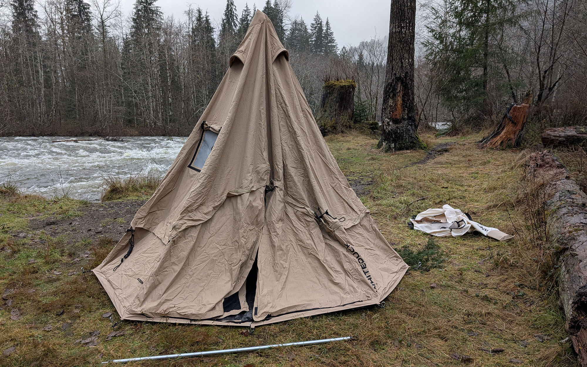 A partially setup White Duck Bell Regatta tent looking a little sad