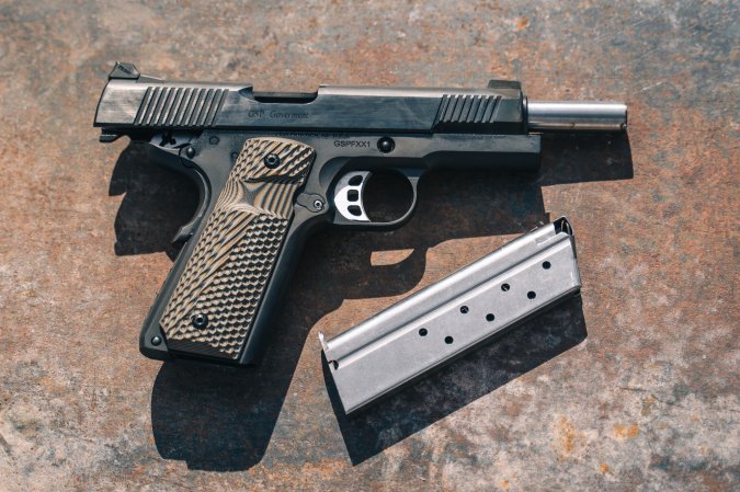 A handgun with a removable magazine.