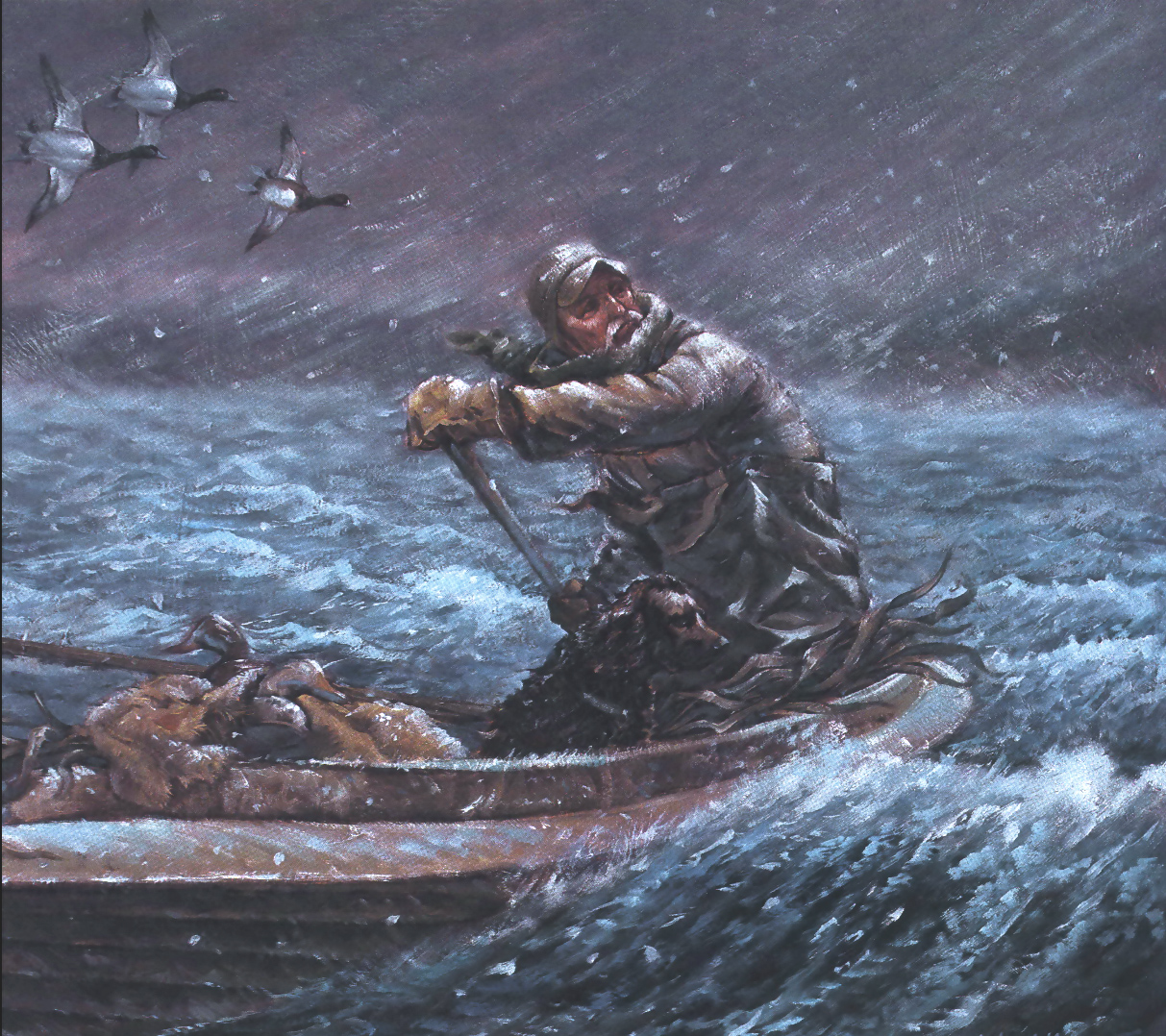 An illustration of a duck hunter paddling in a windswept lake.