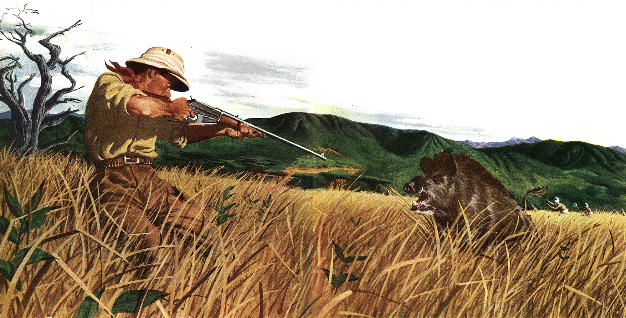 An illustration of Roy Chapman Andrews shooting a charging boar.