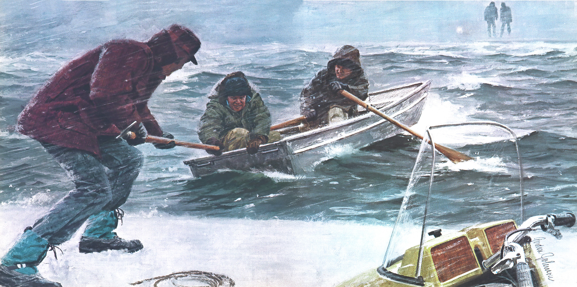 An illustration of a man helping rescue an ice fisherman in a boat.