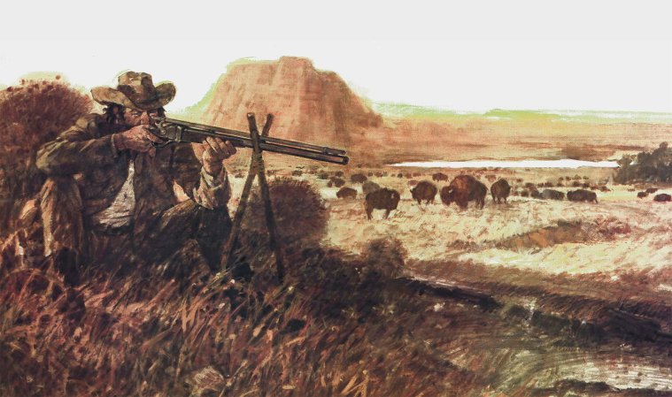 An illustration of a buffalo hunter resting his rifle on shooting sticks