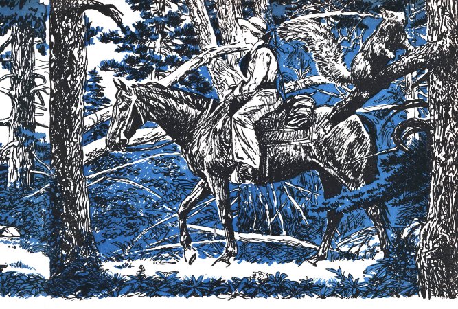 A woman in a blue and black illustration rides a horse, the outdoor life girl