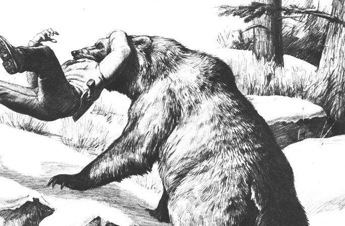 A black and white illustration of a bear attacking a man