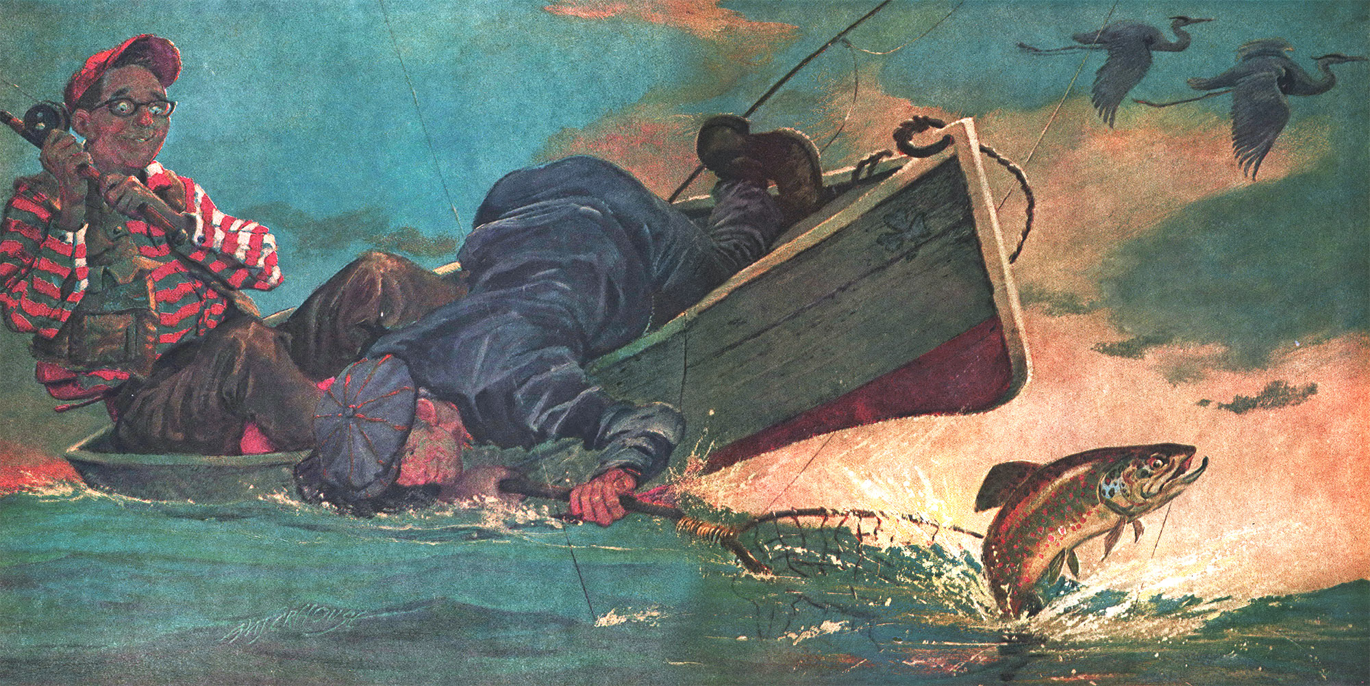 an illustration of a boat with a trout jumping