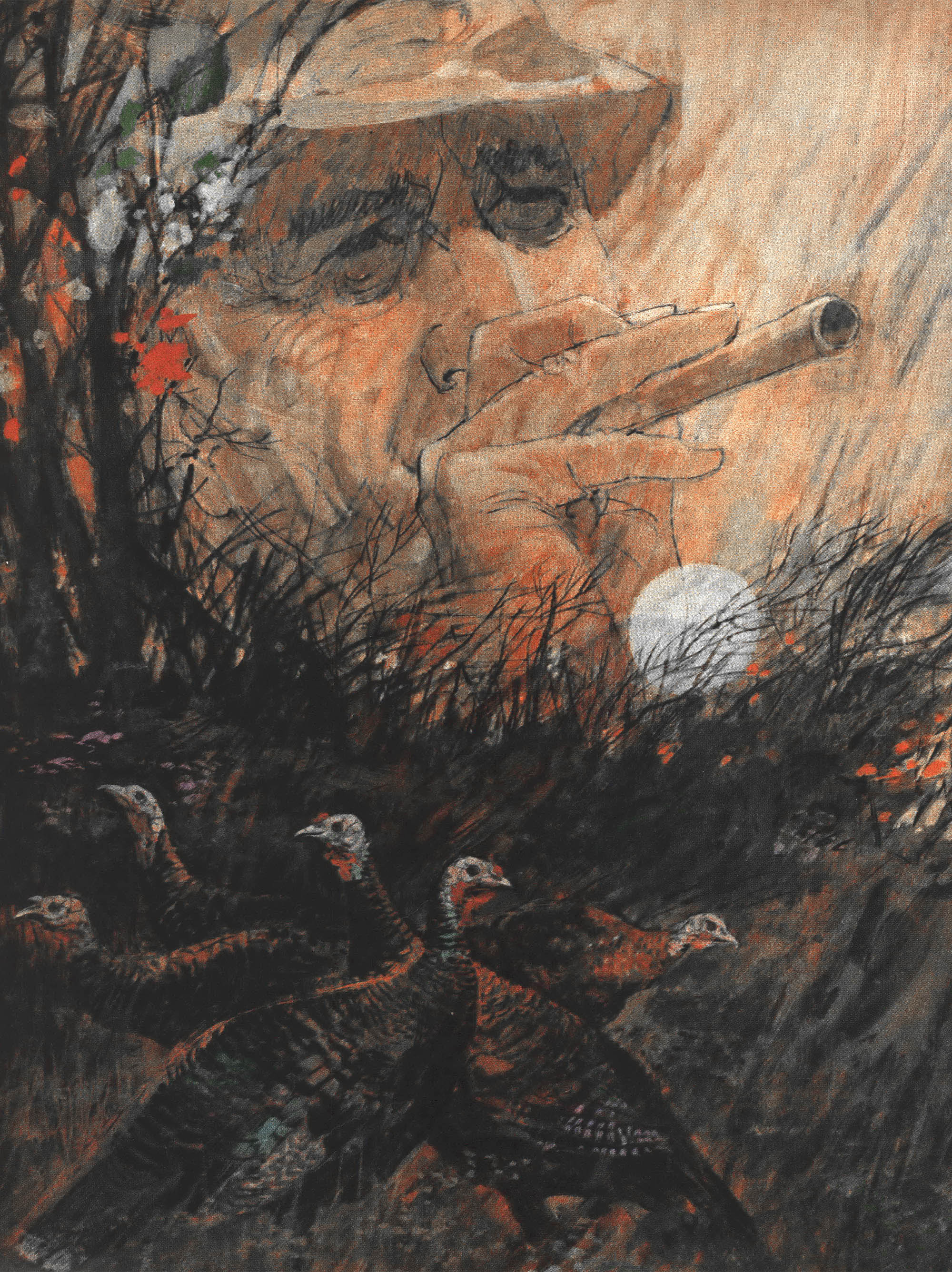 An illustration of a turkey hunter calling turkeys